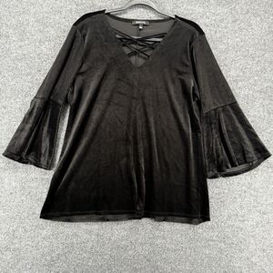 Relativity Blouse Size L Black Velour V-Neck Bell Sleeve Whimsigoth Fairy Grunge